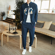 Autumn crane print cotton linen suit mens Tang dress large size Chinese style mens two-piece linen long sleeve Hanfu