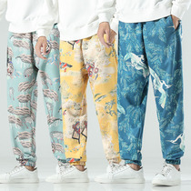 Autumn and winter flower pants mens trend deervelvet large size ankle-length pants sports loose small feet casual pants printed mens pants