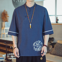 Summer clothes loose T-shirt mens short sleeve cotton T-shirt plus fat plus size Chinese style mens embroidery shirt