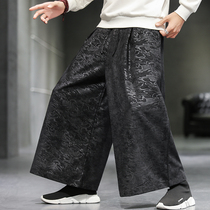 Retro Chinese style large culottes wide leg pants mens loose fat leg pants dark pattern jacquard camouflage Big Foot pants autumn
