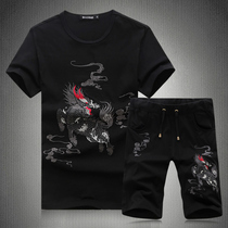Summer mens Chinese style mens Unicorn embroidery short-sleeved T-shirt mens shorts two-piece set casual sports suit tide