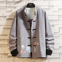 Chinese style fresh printed jacket mens ancient style antique buckle jacket Gray large size retro Tang dress mens autumn outfit