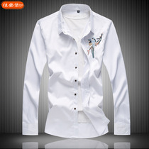 Chinese Wind Flowers Bird Embroidered Long Sleeve Shirt Male Spring Big Code Embroidered Fats Fat Guy Chubby Shirt Handsome Qi Loose Inch