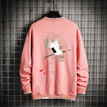 Tide 2020 Autumn New Chinese style mens sweater fashion loose slim round neck pullover print crane top