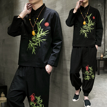 Chinese style linen clothes large size long sleeve T-shirt mens suit spring casual cotton linen embroidery two-piece Hanfu