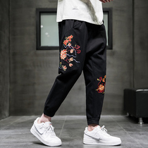 Mens plus size ethnic style loose flower embroidered wide leg pants 2021 spring and summer casual pants mens trousers embroidered pants