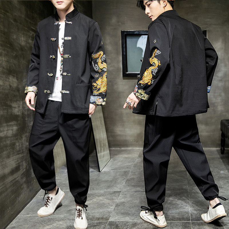 2020 autumn clothes Chinese style dragon embroidery disc buckle Tang suit youth slim and fat size cotton and linen Hanfu suit men
