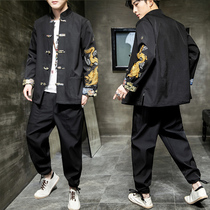 2020 Autumn dress China Wind Dragon embroidery disc buckle Tang youth slim plus fat size cotton linen Hanfu suit men men
