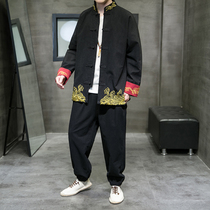 Autumn mens Zhongshan clothing two sets of Chinese wind cotton linen embroidered disc button Han serve tide cards big code casual long pants man