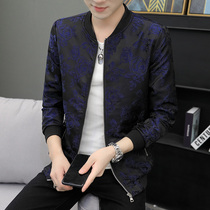 Large size mens coat autumn and winter plus fat big baseball clothes fat guy slim hot jacquard pattern fat jacket stand collar