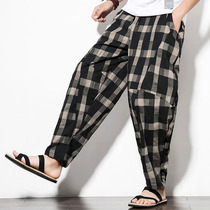 Autumn cotton and linen plaid bloomers Chinese style loose size fat Hareen pants mens straight wide leg casual pants