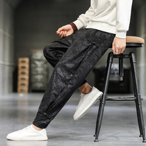 Chinese style mens casual leg pants spring trend buckle embossed ethnic style plus fat large size wide leg casual pants