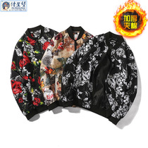 Autumn and winter mens flower jacket Baseball suit printed jacket trend plus cotton Korean version thick plus size top male floral