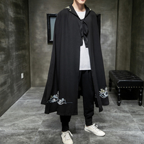 Autumn Chinese style mens embroidery Knight cloak hooded jacket ancient wind over the knee windbreaker mens tide repair tide