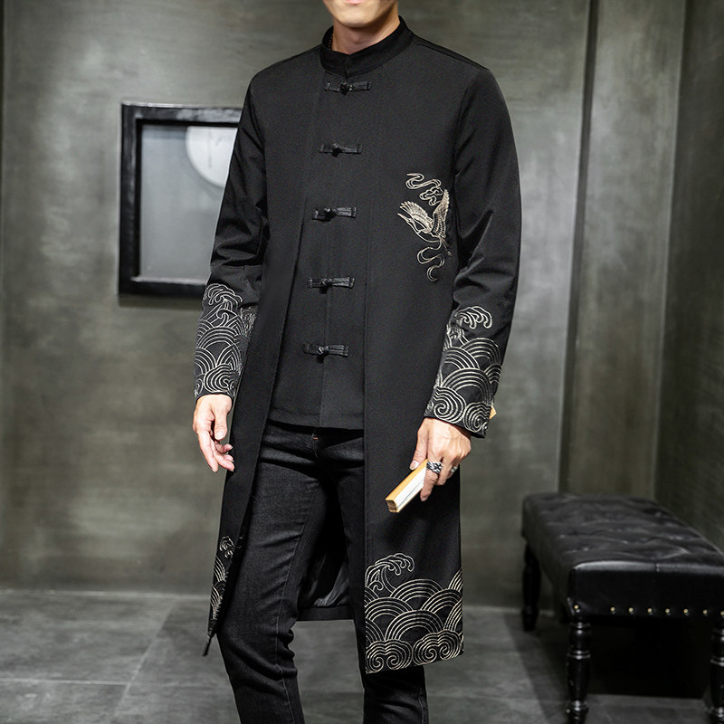 Chinese style ins fake two-piece trench coat men's long version large size handsome knee-length trend wave crane embroidered coat