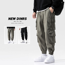 Multi-pocket overalls pants mens casual long pants Korean trend autumn loose boys sports tie pants loose