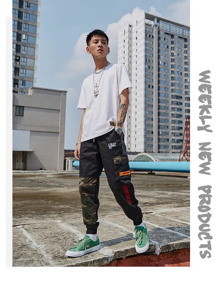 INS siêu lửa quần nam quốc triều ban đầu thư thêu chùm quần mùa thu thủy triều thẻ ngụy trang overalls nam đồ nam