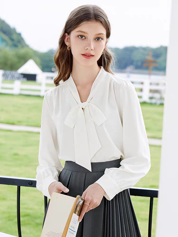 Bai-26 Spring/Summer French-Style Elegant Ribbon Bow Tie Shirt for Women, Classic Niche Chic Top Bai-26 Spring/Summer French-Style Elegant Ribbon Bow Tie Shirt for Women, Classic Niche Chic Top
