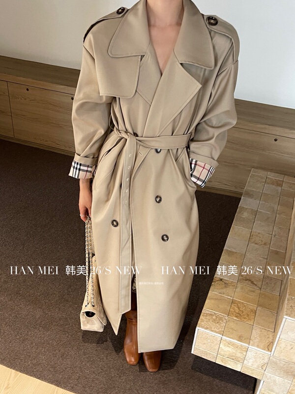 Hanmei Korean-American High-End British Style Patterned Double-Breasted Suit Collar Silhouette Trench Coat Mid-Length Jacket Hanmei Korean-American High-End British Style Patterned Double-Breasted Suit Collar Silhouette Trench Coat Mid-Length Jacket