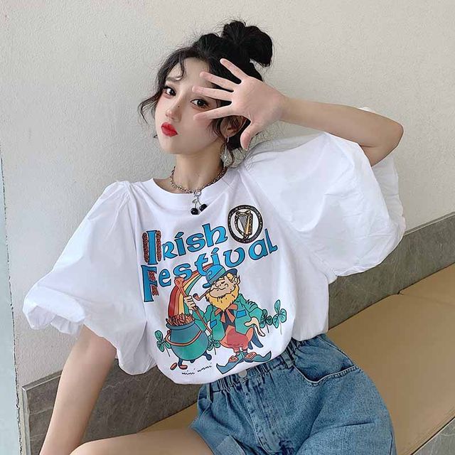 White short-sleeved t-shirt women's summer 2021 new design sense niche chic lantern puff sleeve top clothes ins tide