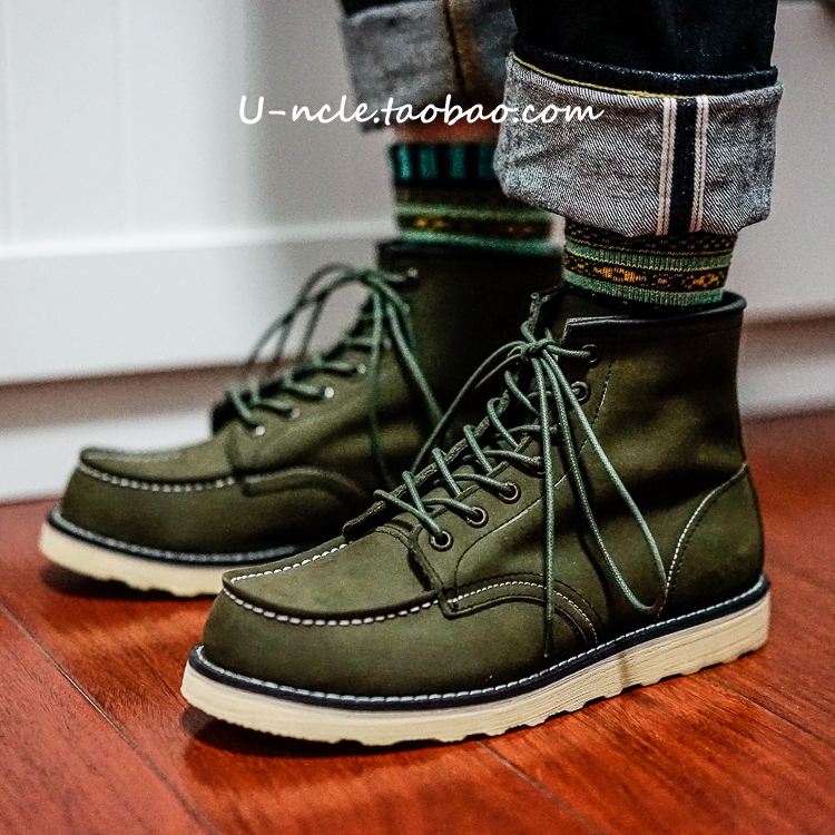 Uncle U's Army Green Matte Leather Handmade Retro Leather Short Boots 875 Ami Kaji Vintage Workwear Boots for Men and Women Couples