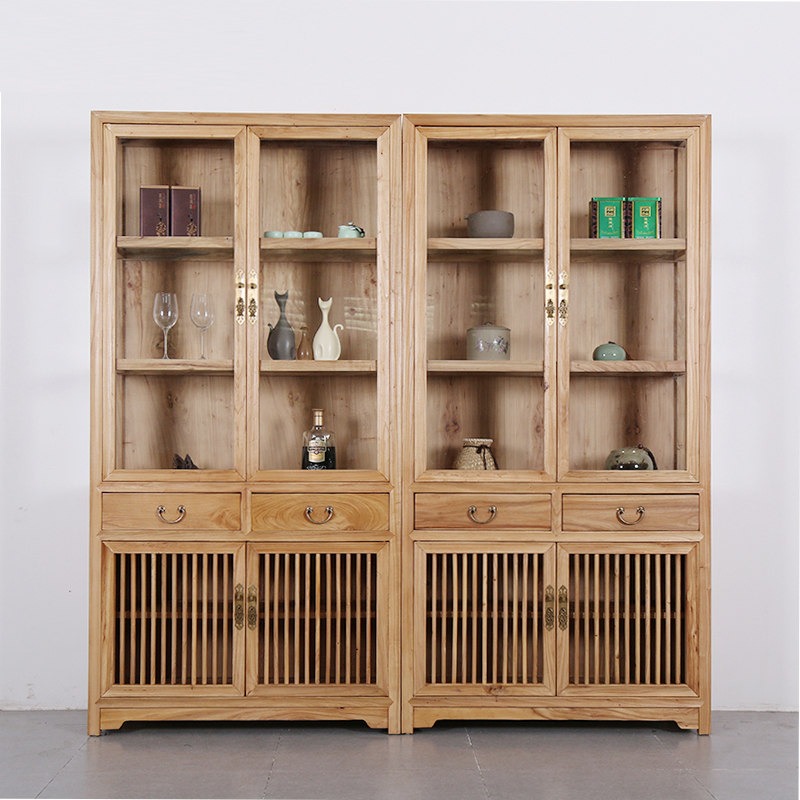 New Chinese Solid Wood Bookcase Old Elm Wood Exhibition Cabinet Tea Cabinet Container With Drawer Minima Boutique Shelf Display Cabinet