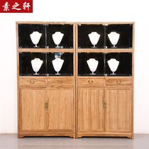 New Chinese style Old elm paint-free glass display cabinet with spot light display stand Solid wood shelf Zen tea room tea cabinet