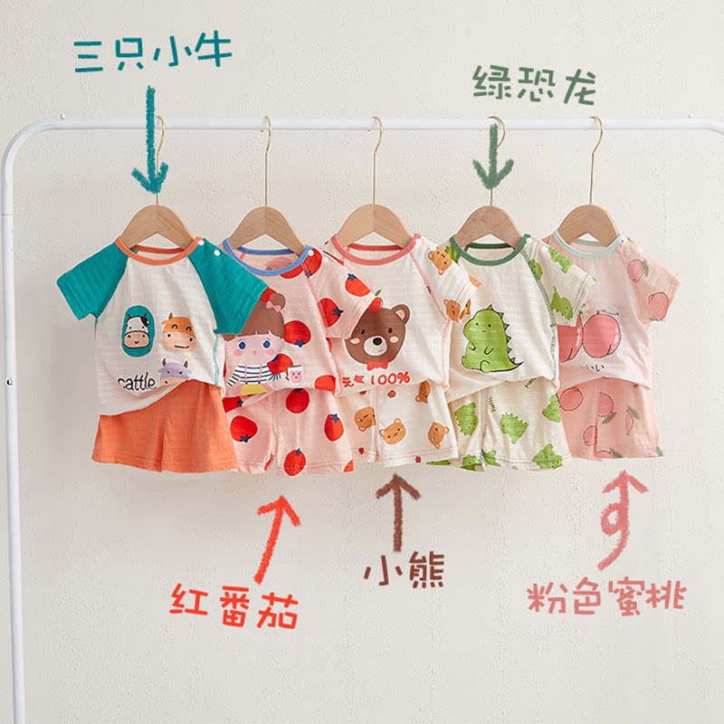 Children's pure cotton suit Summer thin boy girl baby Bamboo knots cotton short sleeve T-shirt shorts 2 pieces of baby no bones 