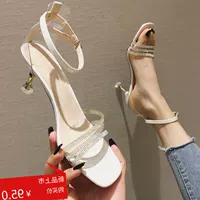 Giày cao gót nữ 2019 mới rhinestone mùa hè Hàn Quốc của sandal màu nude hoang dã có khóa với giày cao gót nữ 34 sân nhỏ - Sandal sandal nữ