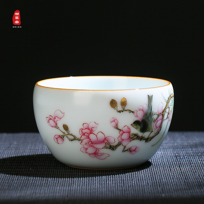 Run Cuitang Jingdezhen Ruyao Pastel peach flowers and birds tea cup Hand-painted tea set Ceramic Teacup Master cup Single cup