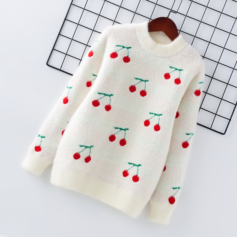 Girls' Mink Velvet Knitwear, Cherry Thickeneded Bottoming Shirt, Medium and Large Children's Clothing, Baby Girl's Fashionable Velvet Warm Knitwear