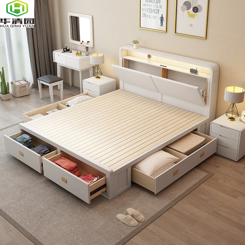 Solid Wood Bed with Drawers, Factory Direct Sale, 1.8-Meter Double Bed for Master Bedroom, 1.5m High Box Air-Pressure Storage Compartment White Bed