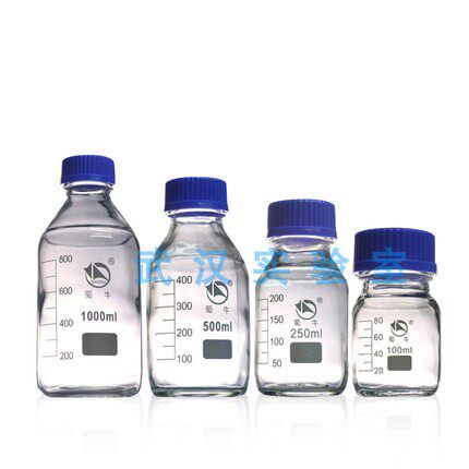 100ml250/500/1000ml/2L透明蓝盖试剂瓶玻璃螺丝口刻度样品瓶蜀牛