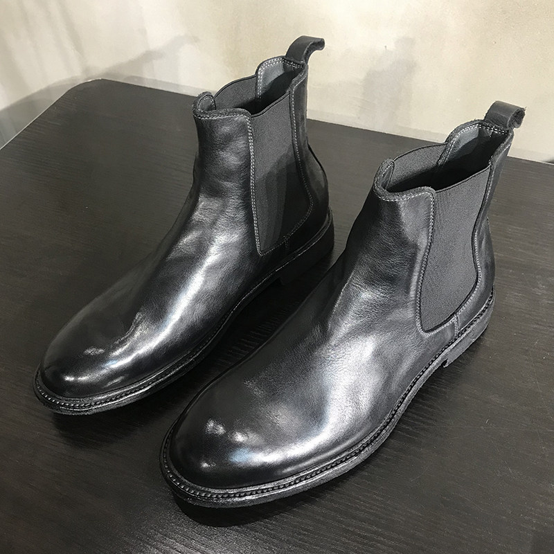Челси сапоги 复古切尔西靴男休闲皮靴英伦做旧圆头高帮男靴皮底短筒马丁靴子男
