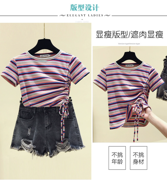 Little Daisy Fashion Suit New Stripe Short Slim Draw Draw Short Short T-shirt Cao Eo Lỗ Quần short denim Nữ - Bộ đồ