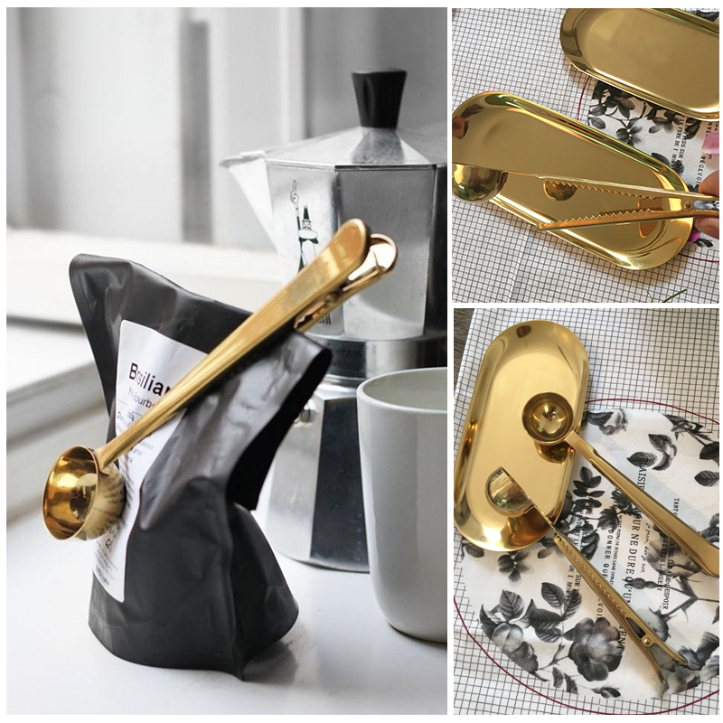 Two-in-one Spoon Clip Golden Retro Stainless Steel Long Tail Clip Coffee Spoon Closure Clip Tea Spoon Milk Powder Spoon