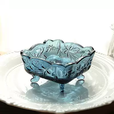 Retro blue carved grape glass square bowl Jewelry storage dried fruit bowl Ice cream bowl fat cake box decoration
