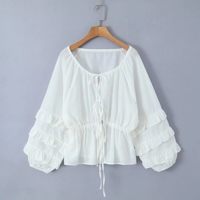 Large round neck long sleeve white ruffled shirt top