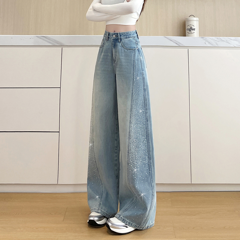 Women's Rhinestone Jeans, Spring and Autumn Style, High-Waisted, Loose, Slimming, Wide-Leg Pants, Spring Rhinestone Pants, Spring Spliced Scimitar Pants