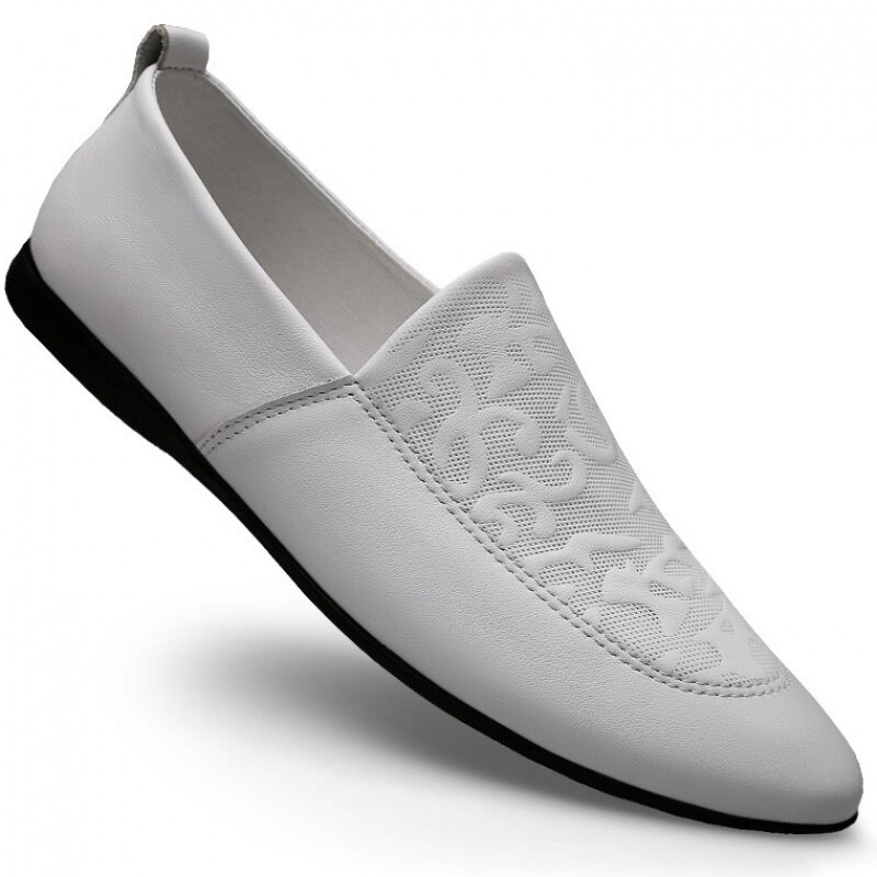 Spring new white bean-bean shoes Men's Korean version Fashion personality genuine leather men's shoes embossed headlayer Bull Leather Casual Leather Shoes