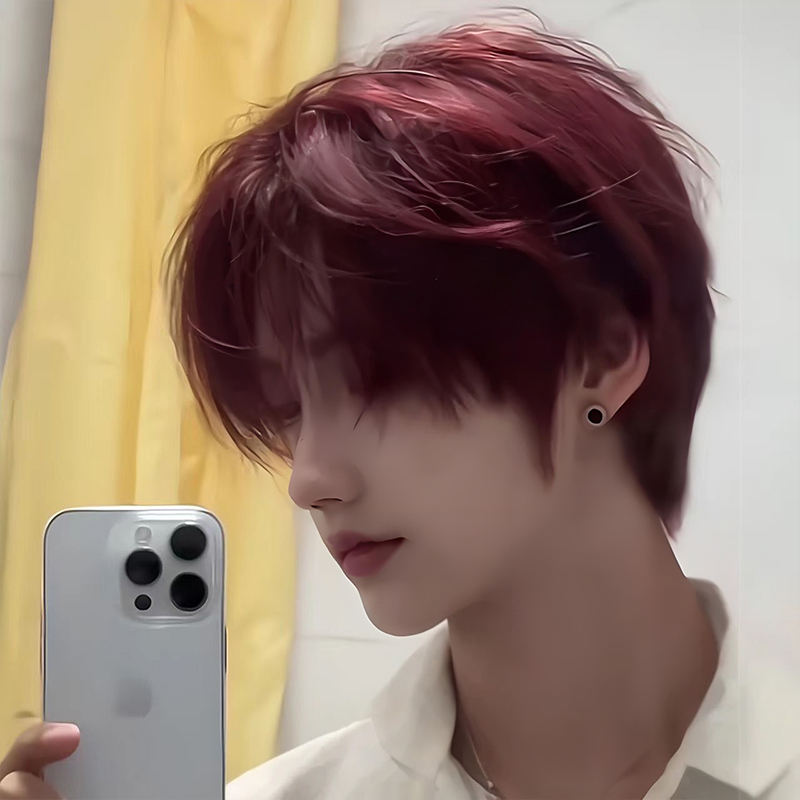 Wig for Men, Short Hair, Burgundy Color, Slightly Layered, for Everyday Use, Stylish Men's Style, Imitation Human Hair, Full Head Wig for Men