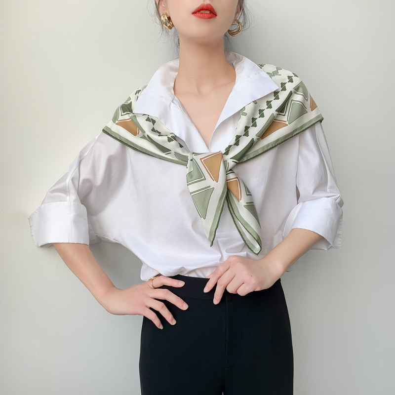 Ma's Jiamin Autumn Winter New Olive Green Geometric Printed Big Square Towel Scarves 21mm Genuine Silk Scarves