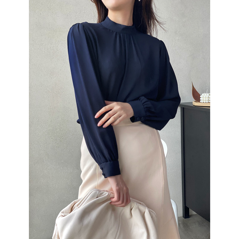 Ma's Jiamin Early Autumn New Genuine Silk Jianhong Crepe Half High Collar Long Sleeve Shirt Lady Blouse 2 Color Entrance
