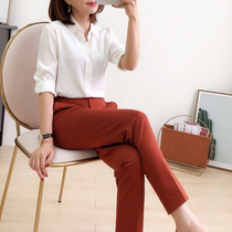  Mars clothing cotton four-sided elastic fabric casual pants womens small feet pants smoke pipe pants medium and high waist trousers
