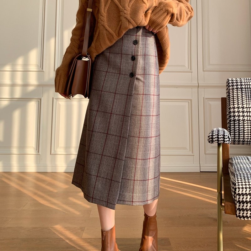 Ma's Jiamin 2020 Early spring New Wool Plaid Half Dress True Silk Inner Lining Elegant Half Body Dress