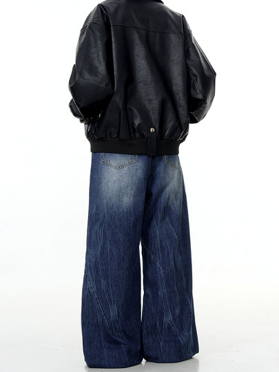 Verborgen American Retro Water Ripple Dark Blue Jeans Cleanfit Washed Straight Loose Wide-Leg