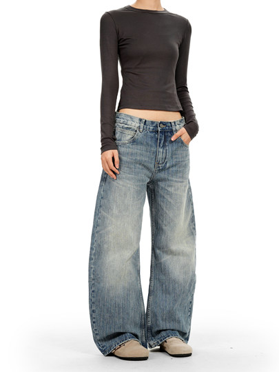 Verborgen American Retro Washed Blue Slub Pattern Scimitar Jeans for Men, Loose and Versatile Wide-Leg Sickle Pants