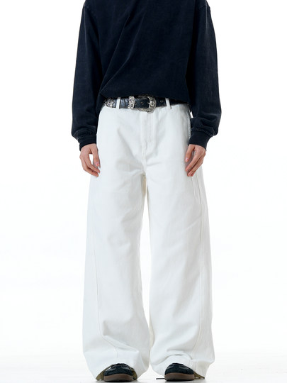 Verborgen American High Street Loose Straight White Jeans Cleanfit Washed Trendy Wide-Leg Pants
