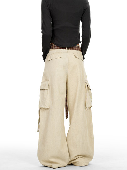 Verborgen American Retro Multi-Pocket Pleated Cargo Pants for Men and Women with Plaid Belt, Loose Straight Wide-Leg Pants