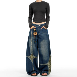 Verborgen American Retro Leopard Print Patchwork Scimitar Jeans Unisex Trendy Niche Design Floor-Length Pants